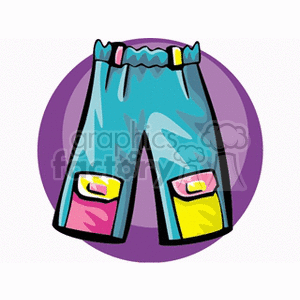 Blue shorts with a pink and yellow packet
