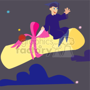 The image is a colorful clipart illustration that depicts a celebratory scene related to graduation. It features a character dressed in a traditional blue graduation cap and gown, sitting astride a giant diploma that is whimsically portrayed as a flying object. The character appears joyful and is waving, likely symbolizing the excitement of graduating. The diploma is tied with a large pink ribbon and has a seal or stamp on it. The background is dark and resembles a night sky with various colored stars, suggestive of a festive and magical atmosphere. This image may represent the achievement of academic success and the embarkment on a new chapter in life.