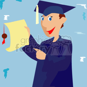 The clipart image depicts a cartoon figure of a happy graduate wearing a blue cap and gown, holding a diploma. The graduate is smiling and looking at the diploma, which has a ribbon around it. In the background, there are outlines of continents, indicating a global or international theme.