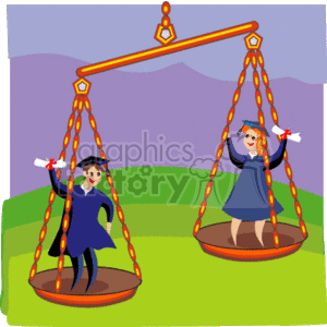 The clipart image features a large set of scales with two graduates on either side, both wearing caps and gowns, and holding diplomas. They are standing on platforms that are part of the scale, suggesting a balance between them.