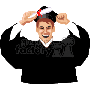 The clipart image features a happy graduate wearing a graduation cap and gown, excitedly raising a diploma above their head. The diploma is tied with a red ribbon.