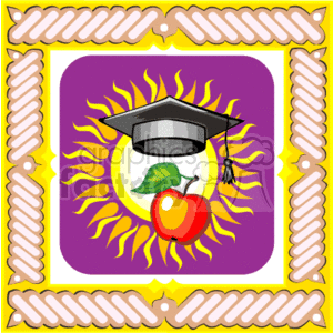 The clipart image depicts a graduation theme. It features a square academic cap (mortarboard) with a tassel on top of a sunburst design. Below the cap, there's a leafy green branch and a shiny red apple, which are common symbols associated with education and teaching. The background is purple, and the border has a decorative pattern that resembles wheat or another type of grain.