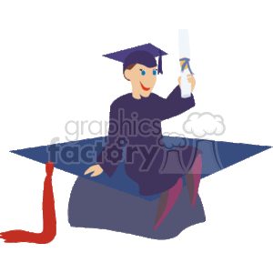 The clipart image depicts a graduate sitting on an oversized graduation cap, also known as a mortarboard. The graduate is dressed in traditional academic attire, including a graduation gown and a cap with a tassel. They are holding a diploma in one hand, raised in a gesture of success or celebration.