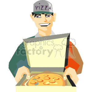 In the clipart image, there is a smiling person wearing a cap with the word PIZZA on it. They are holding an open pizza box, revealing a pizza inside