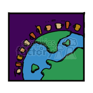 The clipart image depicts a stylized representation of the Earth, colored in shades of green and blue to represent landmasses and water. Surrounding the Earth are variously colored shapes that resemble bowls or cups, symbolizing food or hunger around the world.