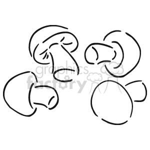 The image depicts a collection of line art mushrooms. There are multiple mushrooms of different shapes and sizes, hinting at variety, typically seen in illustrations representing food or cooking ingredients.