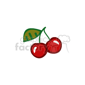 The clipart image features two red cherries with stems attached at the top and a green leaf with visible vein patterns.