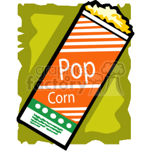 This clipart image shows a stylized package of popcorn. The packaging is predominantly orange with white and orange stripes on the top half and the word Pop on it, while the lower half has the word Corn against a light background with green details representing perhaps a design or logo.