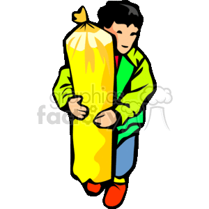 The clipart image features a stylized representation of a child holding an oversized bag of popcorn. The person is shown hugging the giant yellow bag, which has a full appearance indicating it's brimming with popcorn. The child seems cheerful and is wearing a colorful green, red, and blue outfit with red shoes.