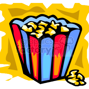 The clipart image displays a colorful box of popcorn. The popcorn box is illustrated with blue, red, and yellow vertical stripes and filled with yellow popcorn. There are a few popcorn kernels depicted as having fallen out of the box.