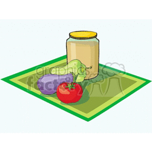 A jar with vegtables on a placemat