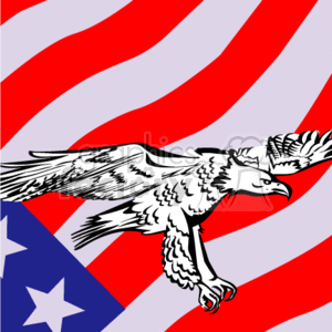The image displays an illustration of a bald eagle in flight set against an American flag's background. The flag features its iconic red and white stripes and white stars on a blue field, representing the United States. The bald eagle, with its wings spread wide, is a national symbol of the USA and is commonly associated with freedom and patriotism.
