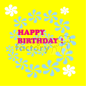 The clipart image depicts a bright yellow background with multiple blue and white flowers scattered throughout. In the center, the words HAPPY BIRTHDAY! are written in a playful, bold red font with a purple shadow effect, making the text stand out.