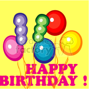 The clipart image depicts a group of colorful balloons in shades of purple, green, red, pink, blue, and yellow, floating with strings attached against a yellow background. In the foreground, there is a bold, stylized text that reads HAPPY BIRTHDAY! in red-pink gradient colors. The image conveys a cheerful celebration atmosphere commonly associated with birthdays or parties.