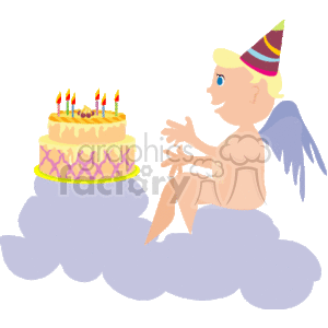The image depicts a cartoon-style illustration of a baby with wings, resembling a cherub or a cupid, wearing a birthday party hat. The character is seated on a cloud, and next to it is a decorated birthday cake with lit candles. The overall theme of the image suggests a celebration or an anniversary, possibly with a whimsical or mythical twist due to the presence of the winged character.