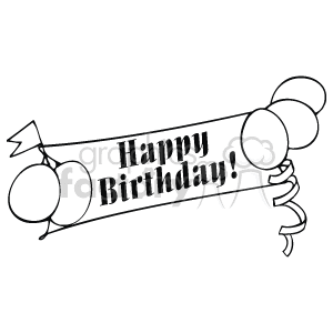 The clipart image shows a banner with the phrase Happy Birthday! adorned with balloons on its left side, appearing to be attached to or part of the banner. The banner also has decorative ribbons on the right side. The style is monochromatic, suggesting it might be used for coloring or as a simple, printable greeting.