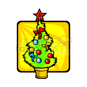 This clipart image features a stylized Christmas tree adorned with colorful bulbs (red, blue, and yellow), decorations, a golden bow, and topped with a red star. The tree is placed on a stand and set against a warm yellow background that adds a festive glow to the scene.