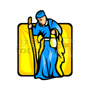 The image is a clipart depicting one of the Three Wise Men, also known as a Magi or Kings, who are part of the traditional Christian account of the Nativity and the birth of Jesus. The figure is illustrated carrying a staff and a container, which could be interpreted as holding gifts like gold, frankincense, or myrrh. The character is dressed in blue and stands against a yellow and gold background.