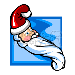 The image is a stylized clipart featuring Santa Claus. Santa is depicted with a long white beard and wearing his iconic red hat with a white trim and pompom. The background is a simple blue square, giving a contrasting backdrop to Santa's head and beard, which are primarily in the foreground.
