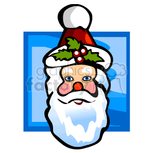 The clipart image features a stylized depiction of Santa Claus's face. Santa is shown with his signature white beard and mustache, a red hat with a white trim and pom-pom, and a sprig of holly with red berries adorning the hat. The background consists of a blue square, possibly representing a window or a simple color contrast to highlight the character.