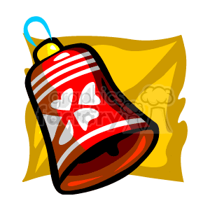 This clipart image features a red Christmas bell with decorative patterns, including stripes and flower-like motifs. It has a yellow clapper and is attached to a blue loop, possibly for hanging. The bell appears to be set against a muted yellow backdrop, possibly representing a festive ribbon or the glow of holiday lights.