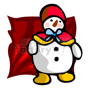 The clipart image features a cheerful cartoon snowman wearing a winter hat and a scarf. The snowman is white with a carrot nose, black buttons, and is standing in front of a red festive background. 