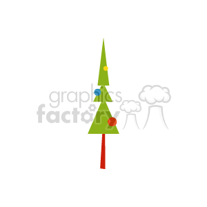 This clipart image features a stylized Christmas tree with a simple design, depicted in shades of green with a brown trunk. The tree is adorned with colorful holiday bulbs in yellow, blue, and red.