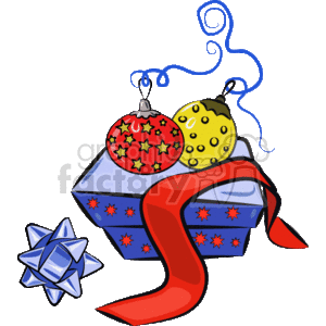 The clipart image depicts a Christmas theme. It features a blue gift box adorned with red stars and wrapped with a bright red ribbon. A large, decorative blue bow lies next to the box. On top of the gift box, there are two Christmas ornaments, one red with smaller red stars and the other yellow with polka dots. Both ornaments are attached to a whimsical, curly string. This image conveys the festive spirit of the holiday season, with a focus on gift-giving and Christmas decorations.