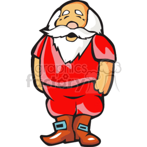 This clipart image features a cartoon representation of Santa Claus. He is wearing his traditional red costume with white fur trim, including a red hat, a pair of brown boots with blue trim, and he has a white beard and mustache. Santa appears to be in a cheerful mood, depicted with closed eyes and a content facial expression, which suggests he might be smiling or laughing.