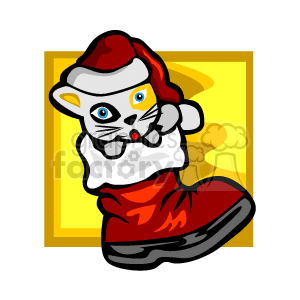 The clipart image features a cartoon of a white kitten with blue eyes, wearing a Santa hat and a red bow tie, popping out of a red Christmas stocking. The background is yellow with some geometric shapes.