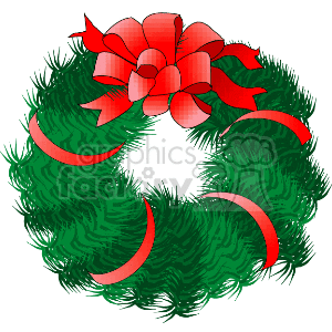 The clipart image depicts a traditional Christmas wreath adorned with a red bow and ribbon. The wreath is made up of lush green foliage, giving it a festive and holiday-themed appearance.