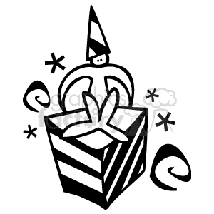 The clipart image shows a stylized representation of a Christmas gift or present. The gift has a striped pattern and is adorned with a ribbon, forming a bow on top. Above the gift, there's an ornament or decoration of a Christmas ball with an elf hat design, surrounded by snowflakes and whimsical swirls that suggest a festive winter theme.