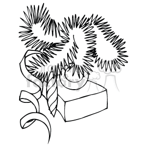 The clipart image depicts a branch of a Christmas tree with pine needles, along with a candy cane, ribbon, and a box, presumably a gift or present. These elements are classic symbols associated with the Christmas holiday season.