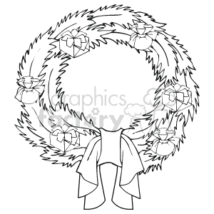 The clipart image shows a stylized Christmas wreath, which features several decorations including bows and possibly flowers or poinsettias integrated into the design. At the bottom of the wreath, there's a prominent bow depicted. The image is monochromatic, suggesting it might be used for coloring activities, templates, or simple graphic elements in holiday-themed materials.