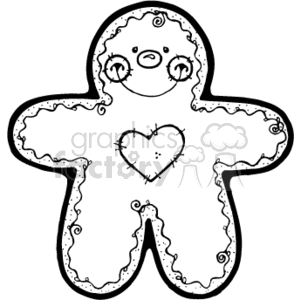 The image is a black and white clipart of a gingerbread man cookie. It features a simplistic and charming design with swirly patterns and a heart in the center, reminiscent of traditional country style or folk art.