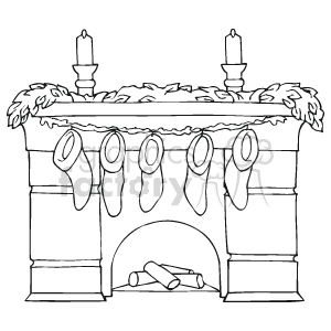 This clipart image depicts a holiday-themed fireplace scene commonly associated with Christmas. It features a fireplace mantel adorned with festive garland decorations. On the mantel, there are two candles placed at either end. Hung from the mantel are four Christmas stockings likely waiting to be filled with holiday treats and gifts. Inside the fireplace, logs are arranged, indicating readiness for a cozy fire.