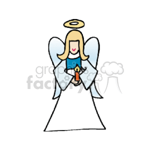 The image shows a cartoon of a classic representation of a Christmas angel. The angel has blue wings, a white robe, a golden halo above its head, and is holding a yellow candle with an orange flame.