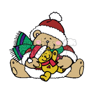 The image is a clipart illustration featuring a cute teddy bear wearing a Santa Claus hat and holding a smaller teddy bear. Both bears are smiling, and the larger bear is also wearing a striped scarf.