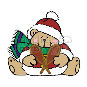 The clipart image features a cute teddy bear dressed in a red Santa hat, holding a pair of green and red maracas. The bear appears to be seated and is wearing a green and purple scarf, adding to the festive holiday theme.