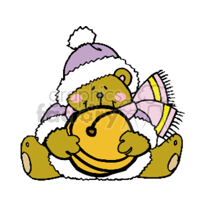 The image depicts a cute teddy bear wearing a Santa hat and holding a bell. The teddy bear appears to be in a festive mood, representing holiday cheer.