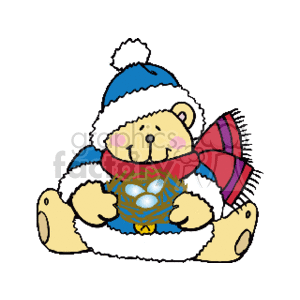 The clipart image depicts a cute teddy bear dressed in winter holiday attire. The bear is wearing a blue Santa hat with a matching scarf and is holding a blue Christmas ornament. The teddy bear has a festive look, suggesting it is ready for the Christmas season.