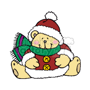 This clipart image depicts a joyous teddy bear dressed in festive Christmas attire. The bear is adorned with a Santa hat and a suit featuring buttons, and it is wearing a cozy scarf. It appears to be smiling and sitting, which adds to the happy holiday vibe of the illustration.