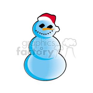 The clipart image depicts a stylized snowman. The snowman has three main sections for the body, a typical snowman configuration, with the smallest at the top for the head and increasing in size towards the base. It is wearing a Santa Claus hat, symbolizing the Christmas holidays, and has a happy facial expression with dotted eyes, a smiling mouth, and what appears to be a carrot-like nose. The snowman's color is a light blue, and it appears against a plain, unadorned background.