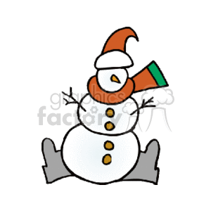 The clipart image shows a cartoon snowman wearing a hat with a festive color scheme. The snowman has a carrot nose, stick arms, and buttons down the front of its body. The snowman appears cheerful and is indicative of the winter holiday season.