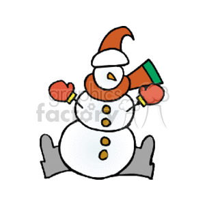 The clipart image depicts a cartoon snowman associated with Christmas or winter season. The snowman has a carrot for a nose, is wearing a red and green striped hat, red mittens, and red boots. It has buttons down the front