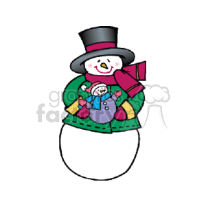 The clipart image depicts a cheerful snowman dressed in winter attire. The snowman features a large carrot for a nose, a black top hat on its head, a scarf wrapped around its neck, mittens, and it appears to be holding a miniature snowman that is similarly adorned. The snowman is a typical representation of the festive Christmas holiday season.