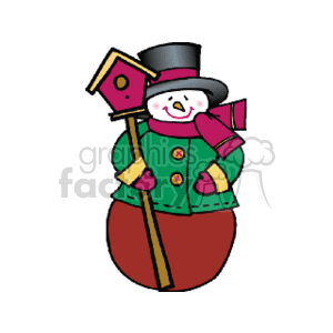 This clipart image depicts a cheerful snowman dressed in colorful winter attire. The snowman is wearing a top hat, a green jacket with red buttons, a red scarf, and gloves. It has a carrot nose, and it is holding a stick that has a birdhouse attached to it. The birdhouse is painted red and appears to have a small hole for a bird entrance. The snowman has a round body, typically indicative of a snowball shape for the base.