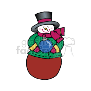 The clipart image depicts a cheerful snowman dressed in winter attire. The snowman is wearing a black top hat, a pink scarf, and green mittens. It has a carrot for a nose and is holding a blue Christmas ball (bulb) ornament. The snowman appears to be standing on a brown base, reminiscent of a tree stump or a pedestal.