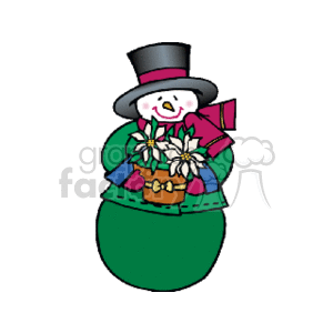 The clipart image shows a cheerful snowman dressed in festive winter clothing. The snowman is wearing a top hat, has a carrot for a nose, and is dressed in a scarf and mittens or gloves. The snowman is holding a pot of poinsettias, which are flowers commonly associated with Christmas. The snowman appears to be happy and embodies the spirit of the holiday season.