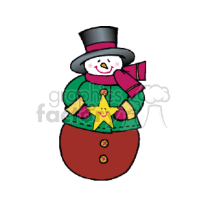 The image depicts a colorful cartoon snowman dressed in festive attire. The snowman is wearing a black top hat, a green jacket, a pink/purple scarf, and buttons down the front.
The snowman has a cheerful expression with rosy cheeks, suggesting a joyful winter or holiday theme. It is also holding a yellow star with a smiling face on it